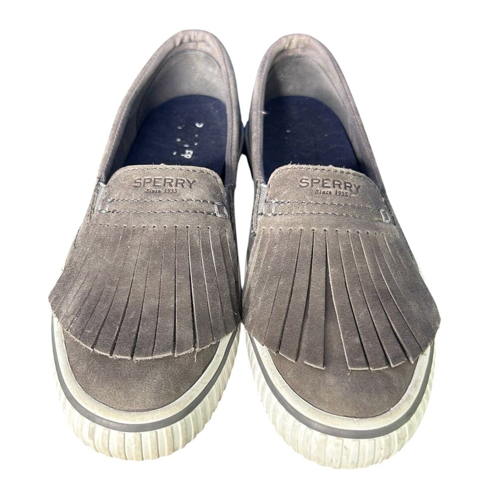 Sperry Womens Gray Rave Soho Fringe Slip-On Loafers Sz 7M Leather Suede Fringe‎